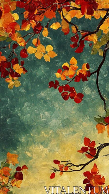 Impasto autumn canopy with teal to ochre atmospheric ground.