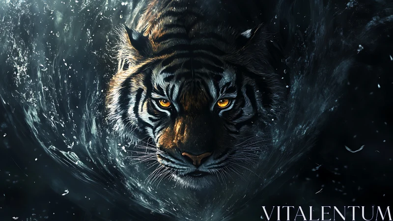 Tiger head emerging through dark swirling water surface.