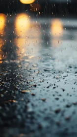 Glistening street rainfall with warm urban bokeh lights.