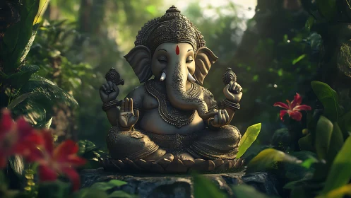 3D sculpted Ganesha idol in ornate bronze, forest dappled light