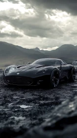 Aerodynamic hypercar render on stormy basalt terrain landscape.