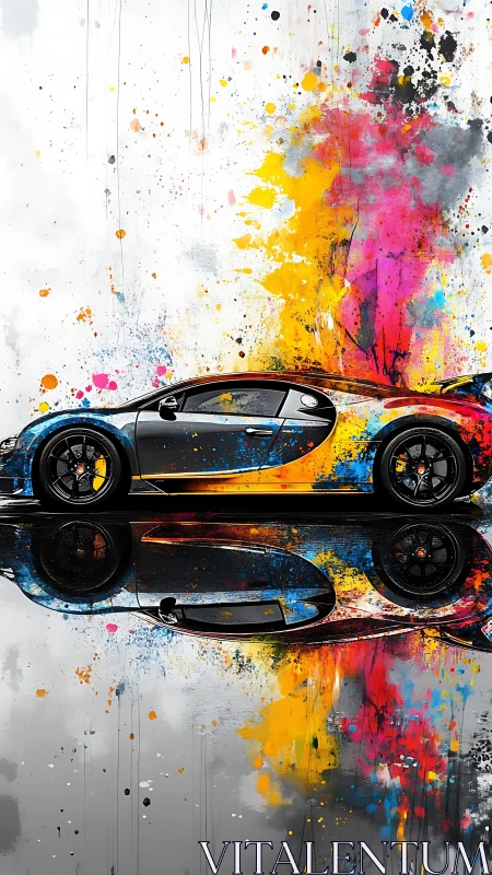 Color-splashed supercar daydreams across a mirrored street