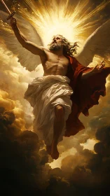 Sword-bearing seraph rises blazing from a storm of light