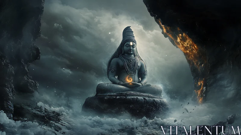 Mystic stone deity meditating amid stormlit cavern flames.