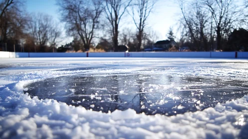 Sunlit backyard ice rink waits for fresh-cut winter magic.