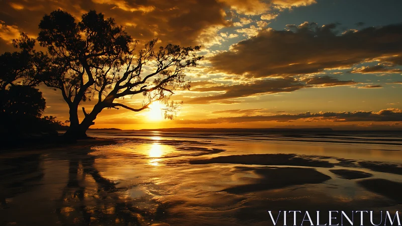 Solitary coastal tree silhouetted in molten sunset glow.