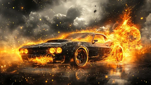 Muscle car engulfed in inferno under storm-laden skies.