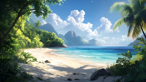 Tropical Coastal Landscape with Towering Volcanic Peaks and Turquoise Waters