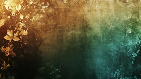 Floral ornament overlays textured brown to teal gradient