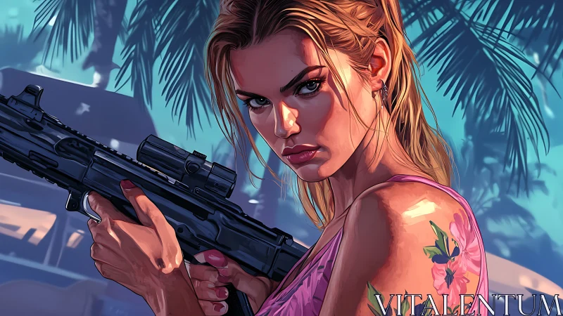 Woman holding rifle in tropical environment illustration.