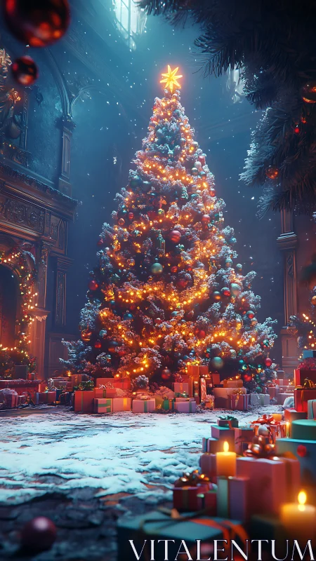 Luminous Christmas tree in snowy grand hall with volumetric light