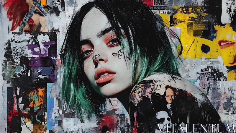 Mixed-media portrait of punk-inspired woman over collage field