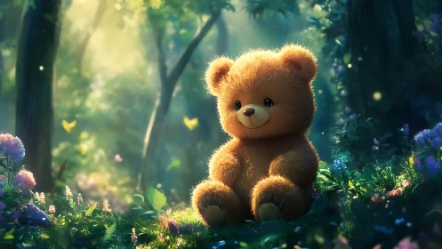 Soft teddy bear rests in glowing enchanted forest clearing