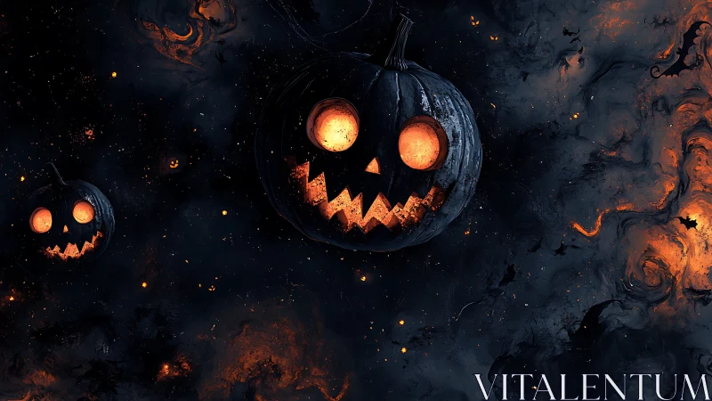 Glowing jack o&rsquo;lanterns float in a dark, smoke-filled field