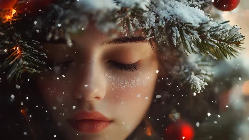 Photorealistic winter portrait with snow-laden evergreen frame.