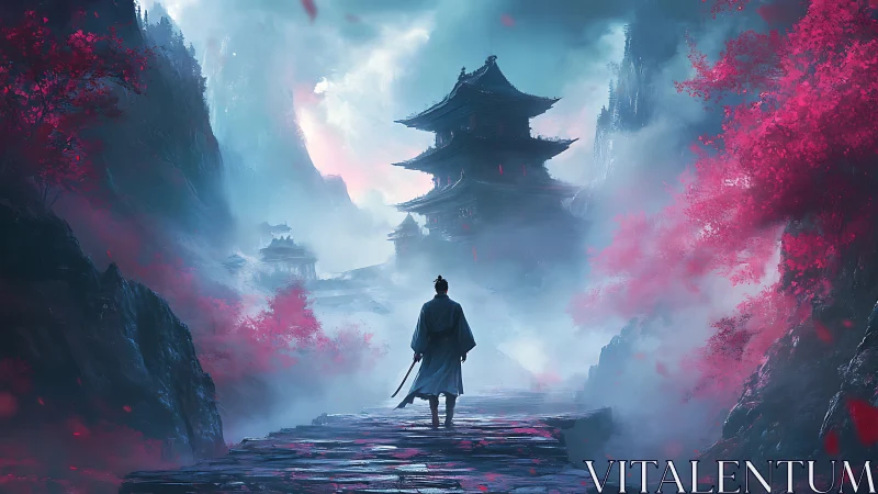 Lone samurai walks toward misty mountain temple at dawn.