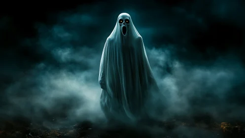 Ghostly specter emerging from swirling midnight fogscape.