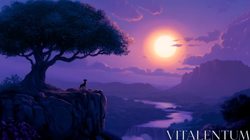 Silhouetted animal stands on cliff above valley at sunset