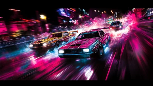 Retro muscle cars race through neon soaked cyberpunk city streets