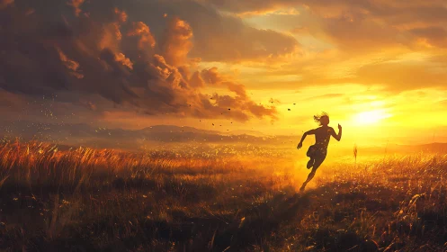 Silhouette running through golden field at vivid sunset.