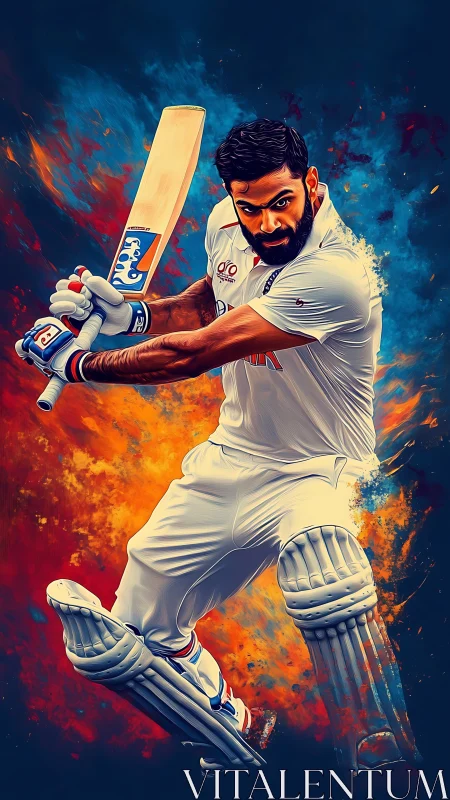 Flaming cricket warrior carving runs through blazing color storm.