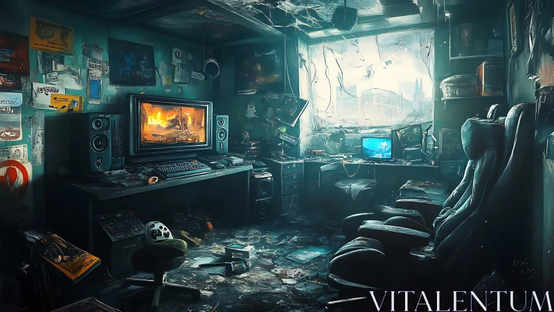 Cyberpunk dual-monitor battlestation in ruined studio chamber.