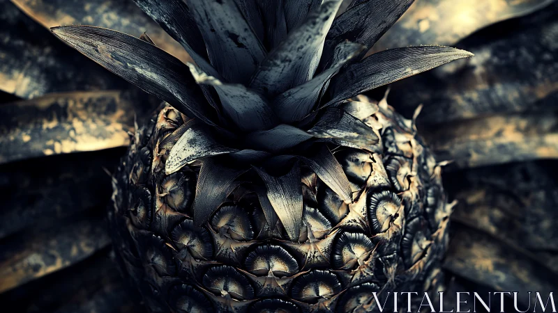 Close-up view of textured pineapple crown and outer skin.