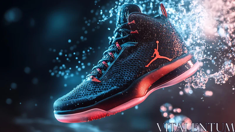 Neon-lit sneaker rockets through splashing liquid cosmos.