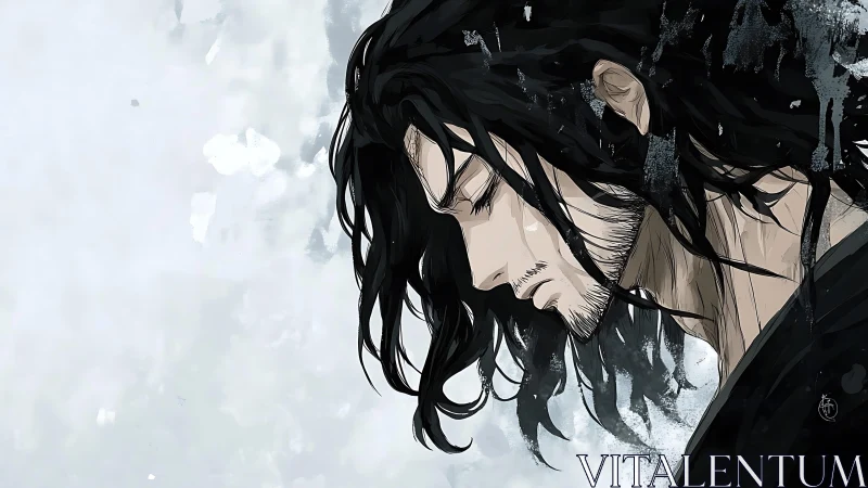 Melancholic warrior profile in monochrome ink wash style.