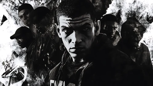 High-contrast monochrome street portrait composite design.