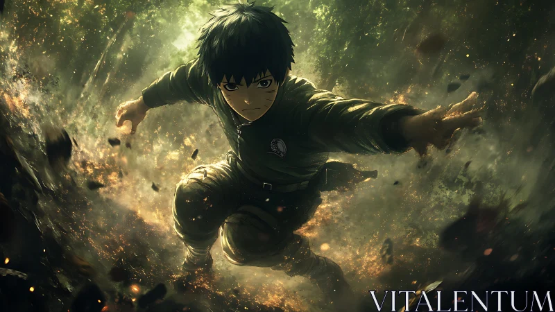 Determined anime hero charging through a glowing forest storm.