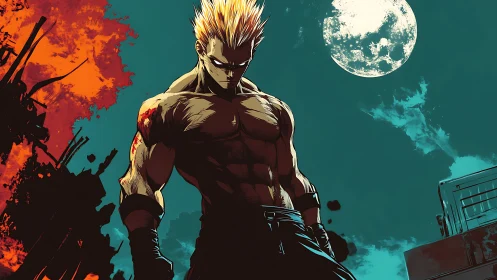 Muscular fighter stands under full moon against teal sky