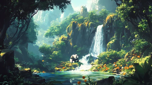 Panda beside turquoise jungle pool under tall cascade falls