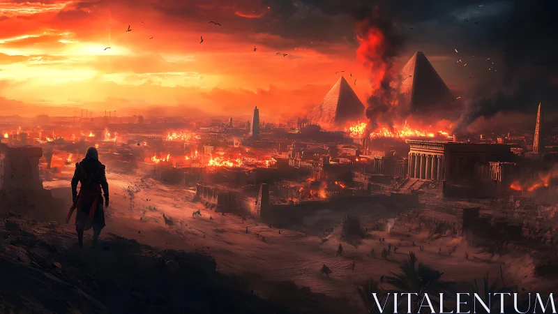 Hooded lone figure surveying burning pyramids at sunset war