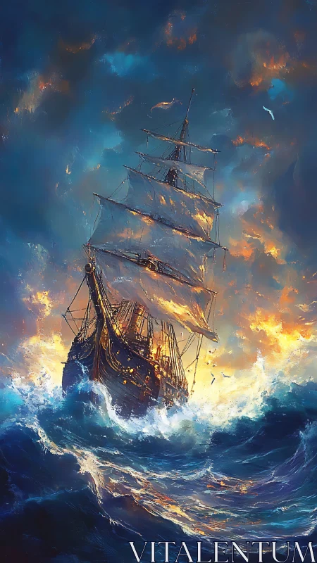 Storm-tossed galleon surging through blazing twilight seas.