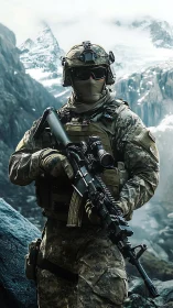 Elite soldier stands guard in cold high-altitude mountain pass