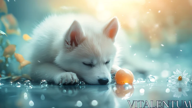 Dreamy white puppy naps beside glowing marble and flowers.