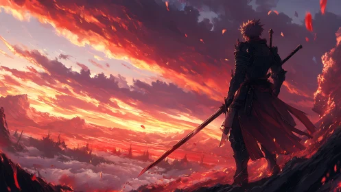 Lone armored warrior quietly greets a blazing crimson sky