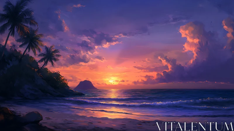 Tropical shoreline glows under vivid violet sunset sky.