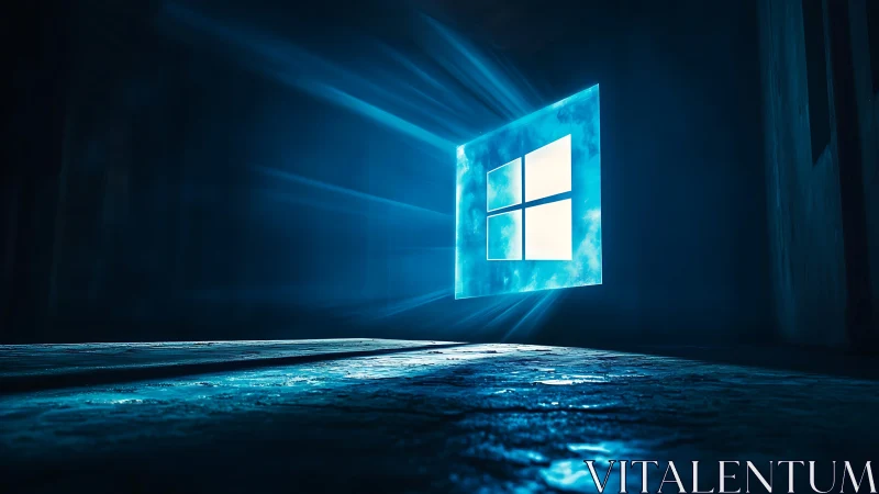 Glowing blue window icon casting light across dark floor.