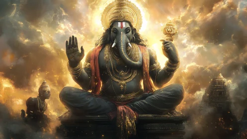 Radiant elephant headed deity in ornate golden regalia.