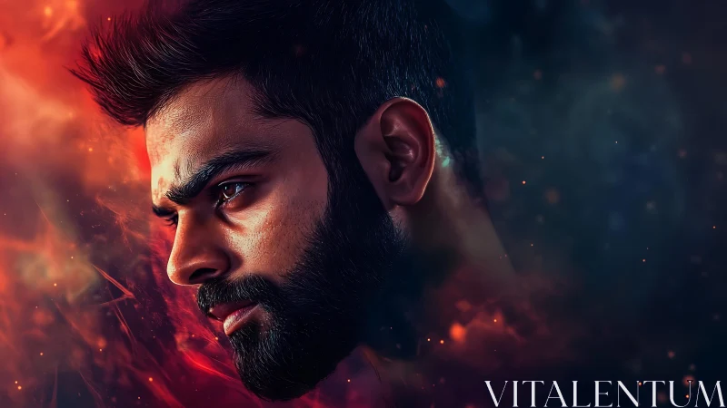 Intense bearded man portrait in fiery cosmic lighting.