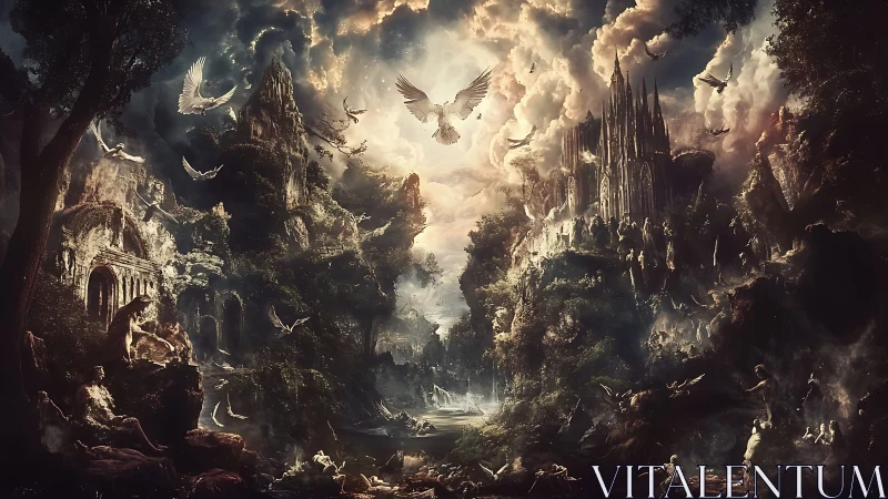 Celestial avian convergence above ruined cathedral valley.