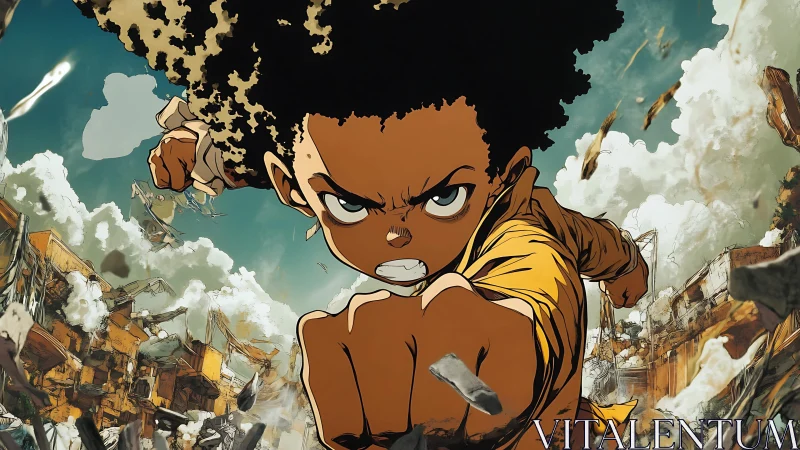 Fearless kid hero lunges forward through explosive ruins.