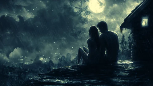 Two figures sheltered on structure during nocturnal rainfall