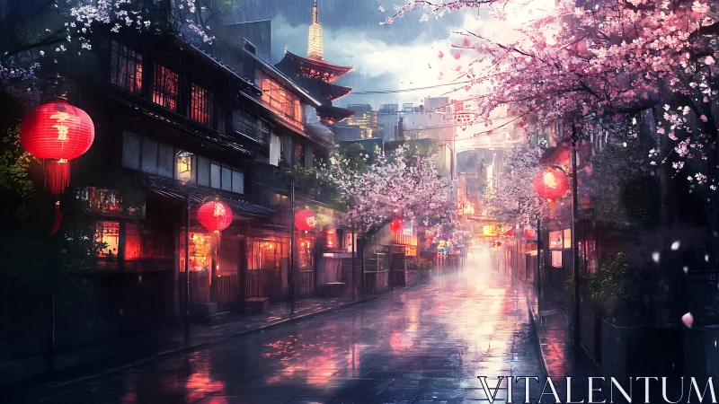 Rain-soaked neon alley integrates sakura bloom and wet reflections