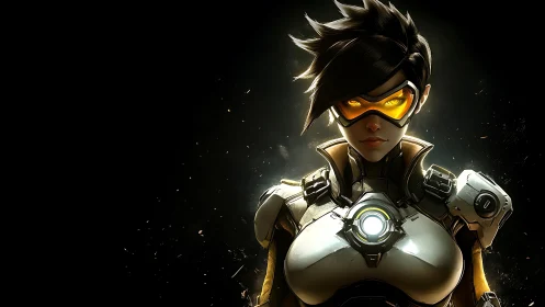 Chrono-suited heroine glares through molten amber goggles