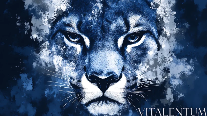 Blue digital cougar portrait with bold abstract splashes.