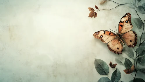 Soft-winged butterfly poised on muted botanical wall art.