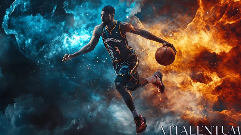 Dynamic basketball player drives through fire and ice energy